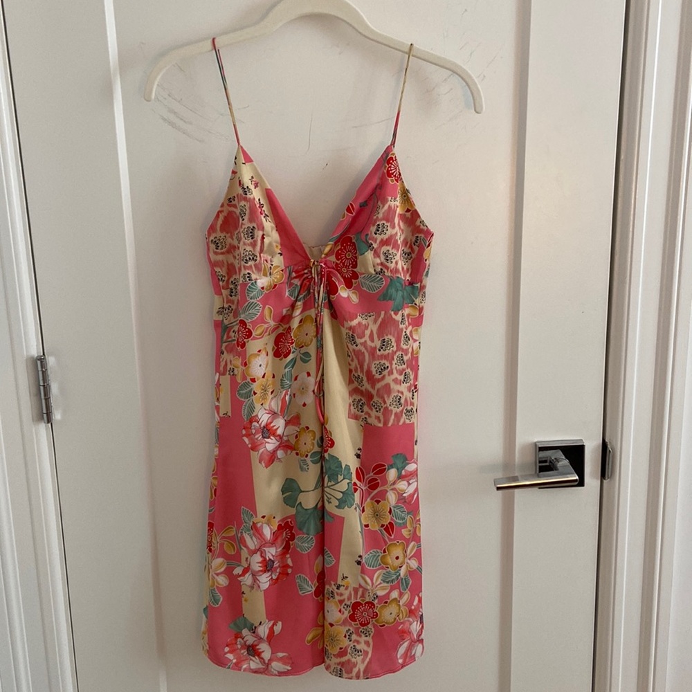 Pink patterned satin dress from Zara